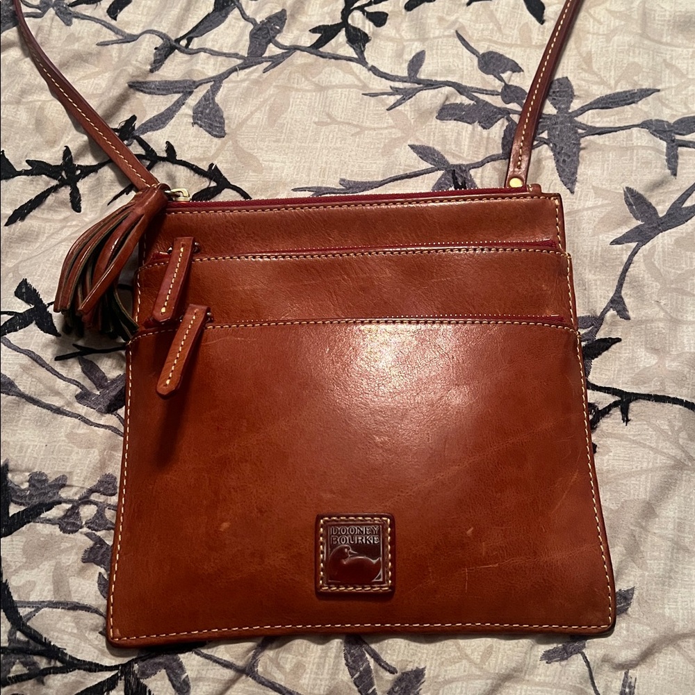 Dooney and Bourke Florentine Leather Triple Zip Crossbody Bag Slim Profile Tan